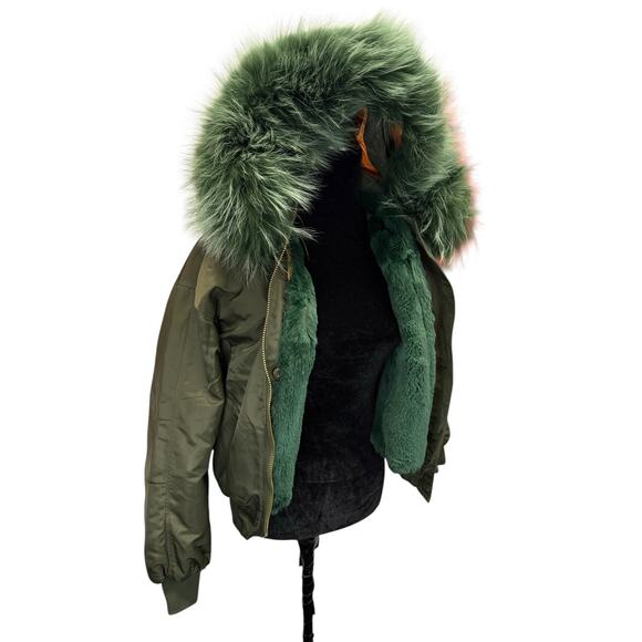 Stylish Olive Bomber Jacket with Real Fox Fur Hood • XS/S • Warm & Chic - Picture 4 of 12